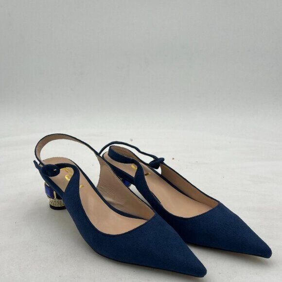 FSJ Women Pointed Toe Slingback Wedding Pumps Chunky Low Heel Rhinestone Sandals - Picture 2 of 8